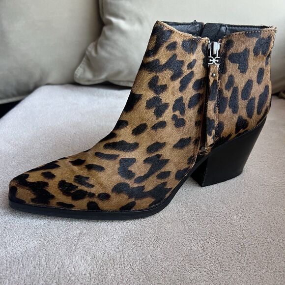 Sam Edelman Walden Leopard Fur Block Heel Ankle Boot Bootie Women 7 Animal Zip - Picture 2 of 16